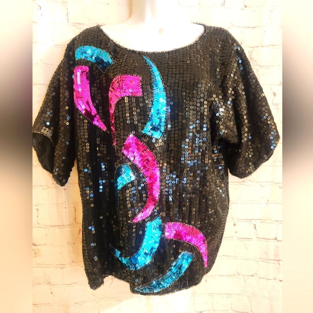Vtg. Mint w/Tags Cee Cee Brand Black,Blue,Pink Silk Lined Sequin Tunic Top Sz.M